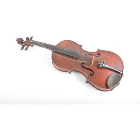 A Saxony violin, 36cm one piece back, labelled Copie de Antonius Stradivarius, with a bow, cased, (a.f).