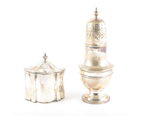 Victorian silver sugar caster, Harrison Brothers &amp; Howson, Sheffield 1898, baluster shape, 19cm, and a small silver caddy