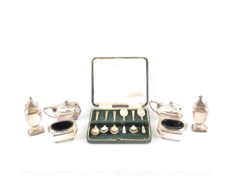 Six-piece silver condiment set, Henry Matthews, Birmingham 1919, each of rectangular form with canted corners, the salts and 