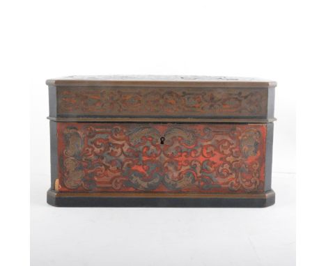 A Boulle work and ebonised tea caddy, mid 19th Century, oblong shape with canted corneres,fitted with two containers in a (ma