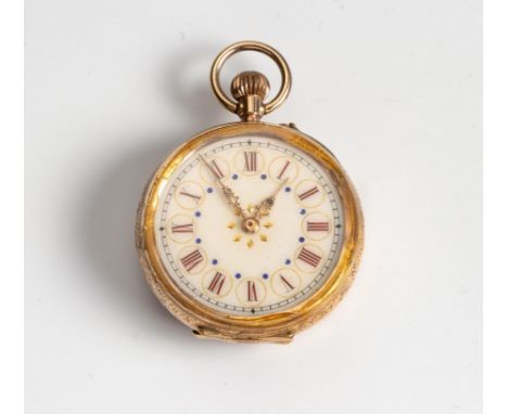 The white enamelled dial with Roman numerals, the reverse with engine-turned decoration and enamel in shades of red and blue,