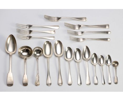 Comprising: six table knives, six dessert knives, twenty-three table forks, nine dessert forks, seventeen tablespoons, fourte