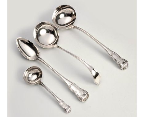 Each kings pattern with an anthemion heel, each terminal inscribed 'AO', the soup ladle, 33cm long, 560g in total; And an Ele