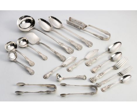 Comprising: nine table forks, six dessert forks, ten tablespoons, nine dessert spoons, fourteen teaspoons, a soup ladle, two 