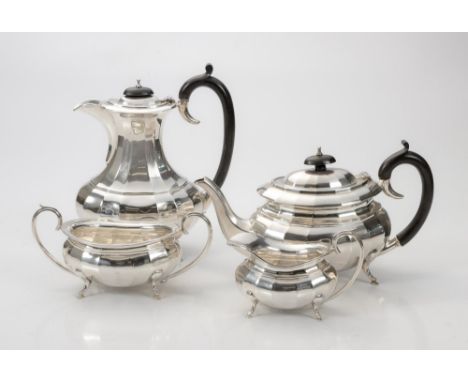 Comprising: a teapot, hot water pot, milk jug and sugar basin, the teapot and hot water pot with hinged cover, ebonised finia