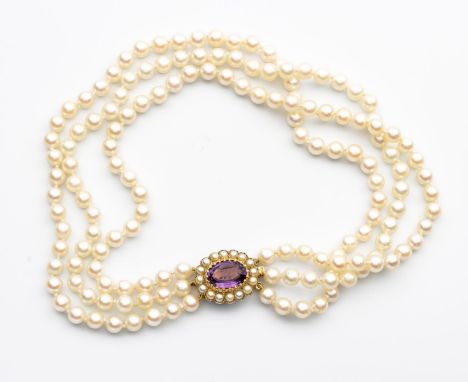 Composed of forty-eight, forty-nine and fifty-two pearls respectively, each measuring 6,4mm in diameter, the 9ct gold clasp c