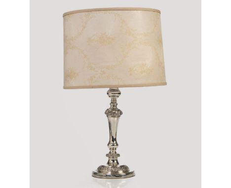Converted into a lamp, tapering, knopped and foliate-moulded sconce and stem on a foliate-moulded and stepped circular spread