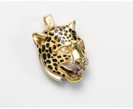 Double sided, modelled as big cat masks, embellished with black cold enamel, diamond-set eyes, in 14ct gold, approximately 3c