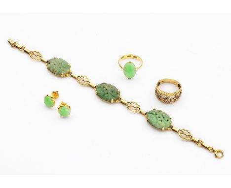 Comprising: a bracelet mounted with jade-like stone motifs, acid tested as 9ct gold, the possibly later clasp impressed 14K, 