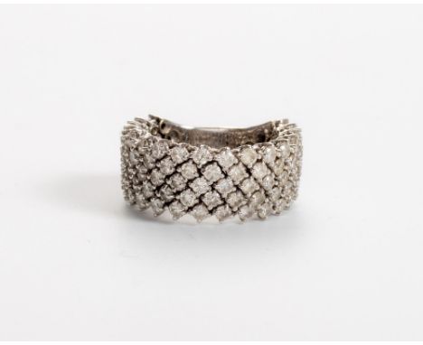 Designed to the centre as a broad band of gently flexible mesh claw set with round brilliant-cut diamonds weighing approximat