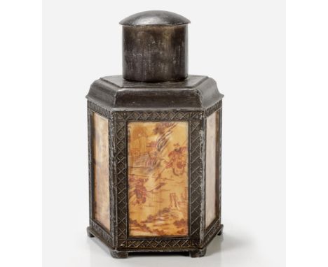 The loose cover above a pentagon-shaped body, each panel decorated with soldiers in battle, on bracket feet18cm high