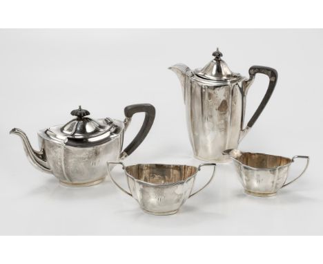 Comprising: a coffee pot, teapot, sugar basin and milk jug, the coffee and teapot with hinged cover, ebonised finial and hand