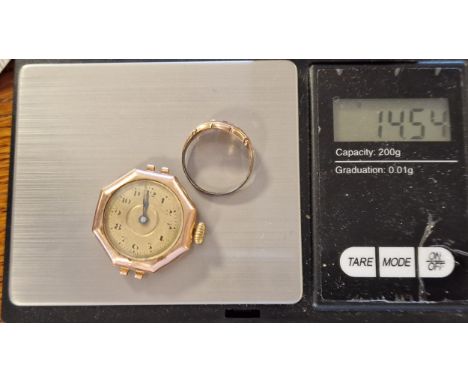 9ct Gold, Ruby &amp; Pearl Ring (AF), Vintage 9ct Gold Watch + a Rolled Gold Locket - both gold items weigh a total of 14.55g