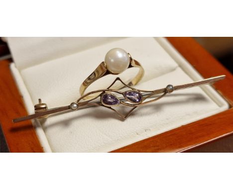9ct Gold Pearl Dress Ring (size L), and a 9ct Gold, Amethyst &amp; Pearl Pin Brooch - combined weight 3.2g