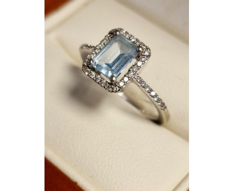 9ct Gold, Diamond &amp; Aquamarine Square Cut Solitaire Dress Ring, size K &amp; 3g