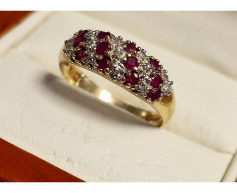 9ct Gold, Ruby &amp; Diamond Triple Row Cluster Ring, size M &amp; 2.65g