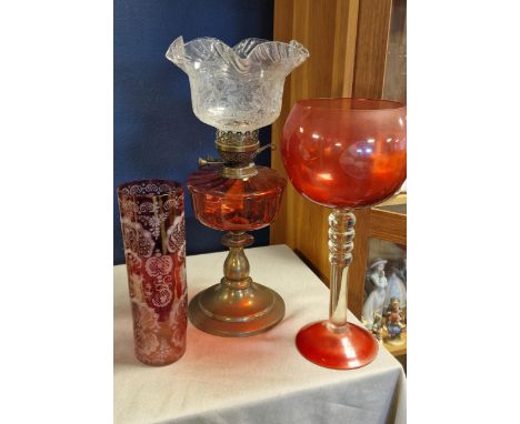 Cranberry Glass Oil Lamp + Cranberry Glass Vintage Vase Pair inc Mary Gregory Style example