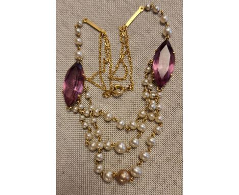 9ct Gold, Amethyst and Pearl Dress Necklace Chain - 11.8g