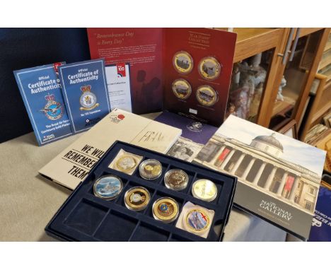 Commemorative Coin Sets inc War Poppy + Three Single Starter Coin Sets &amp; an Assortment of Eight Gold Plated and Enamel Co
