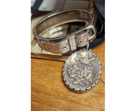 Silver Hallmarked Bangle + Floral Engraved Pendant Locket - 42.7g