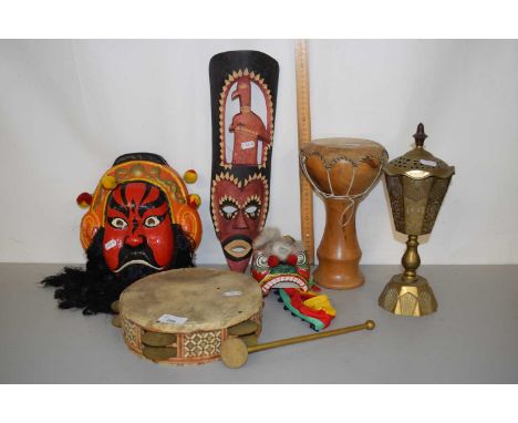 Mixed Lot various masks, tambourine, bongo drum etc