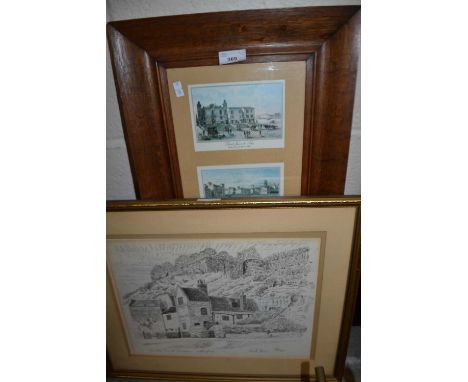 Black and white print, Ye Old Trip to Jerusalem, together with a group of four framed prints of French scenes