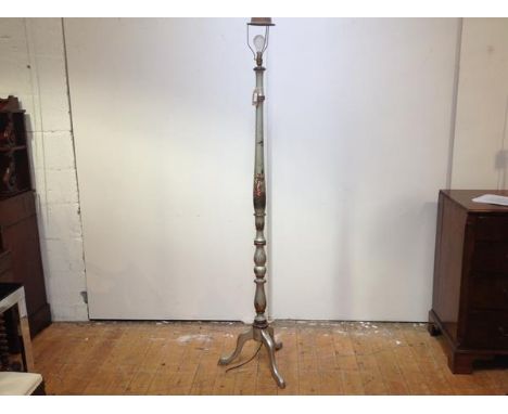 A 1920's silver lacquer Chinoiserie standard lamp, probably Hille of London, of baluster form, on a tripod base, decorated wi