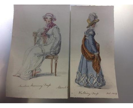 Two Regency fashion watercolours, "Walking Dress" and "Indoor Morning Dress", watercolours on paper, each titled and dated, t
