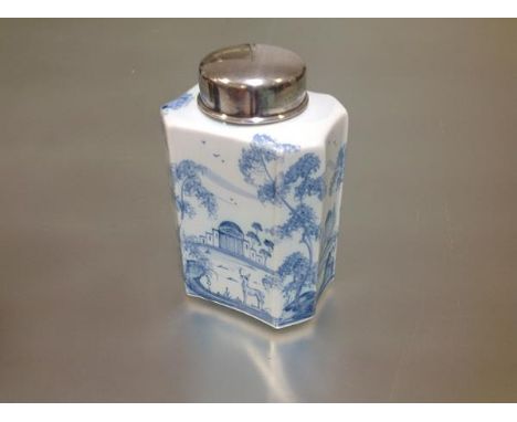 Deborah Sears for Isis Pottery a silver-mounted "Delftware" tea caddy, in 18th century style, with cut-off corners, the silve