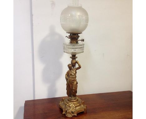 A late 19th century gilt-metal figural oil lamp, modelled as a Classical female water carrier, on a shaped base cast with Roc