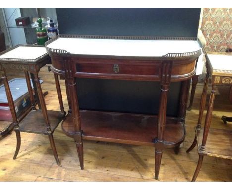 A marble topped mahogany console dessert in the French taste, the d-shaped top with pierced brass gallery over a frieze drawe