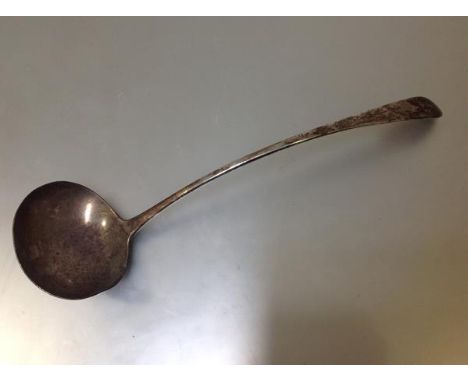 A George III Scottish silver soup ladle, Alexander Zeigler, Edinburgh 1801, Celtic Point pattern, engraved with a crest and a