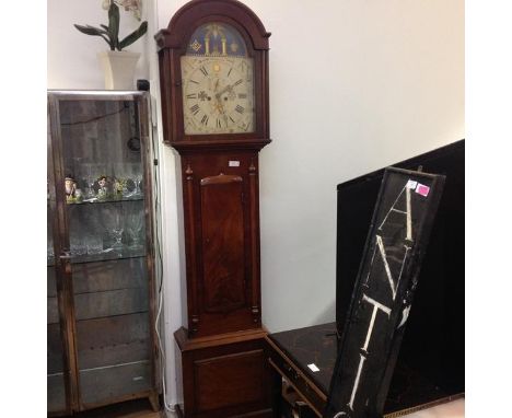 An unusual 19th century Masonic mahogany cased longcase clock, the polychrome and gilt painted arched dial profusely decorate