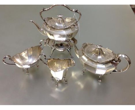 A George V Scottish silver four piece tea service, John Alexander Fettes, Glasgow 1912, comprising teapot, cream jug, sugar a