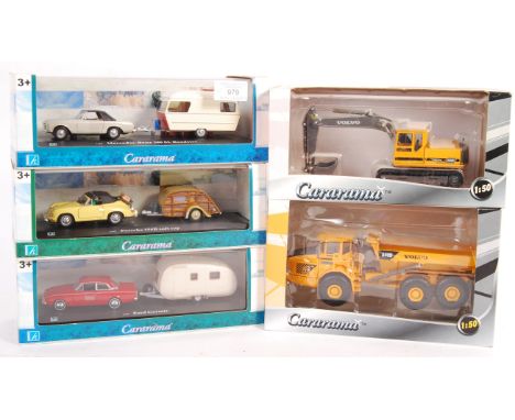 A collection of x5 Cararama / Hongwell made 1/43 and 1/50 scale boxed diecast models - x3 car and caravan sets, and x2 constr