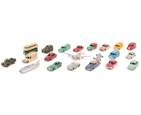 A collection of 20+ original vintage Dinky Toys made diecast models comprising: Hudson Sedan, 172 Studebaker, Army 1 Ton Carg