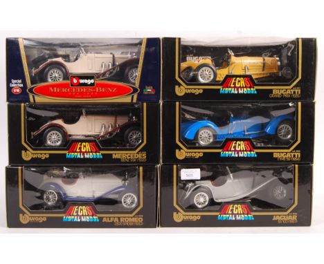 A collection of 6x Bburago / Burago made 1/18 scale diecast models comprising: 3009 Mercedes Benz SSK 1928, Alfa Romeo 2300 S