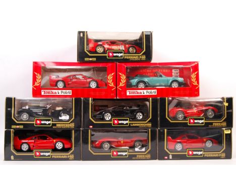 A collection of 9x boxed 1/18 scale diecast models comprising: Tonka Polistil Porsche 911, Ferrari, Bburago / Burago 3007 Fer