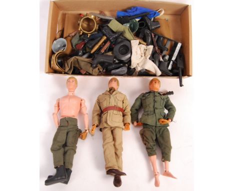 A collection of assorted vintage original Palitoy made Action Man figures and uniforms / accessories. Comprising of three fig