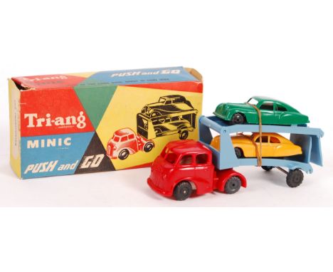 An original vintage Tri-ang / Triang Minic Push &amp; Go ' Car Transporter ' model. Complete with both cars, trailer and cab.