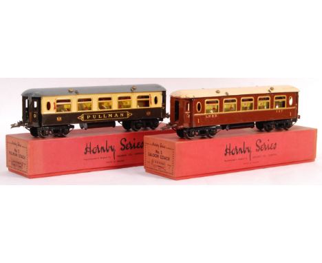 Two original vintage Hornby Series made 0 Gauge clockwork train set carriages / coaches comprising: C556 No. 2 Pullman Coach 