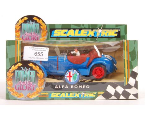 An original Scalextric 1/32 scale slot car racing model ' The Power &amp; The Glory ' special edition C306 Alfa Romeo blue wi