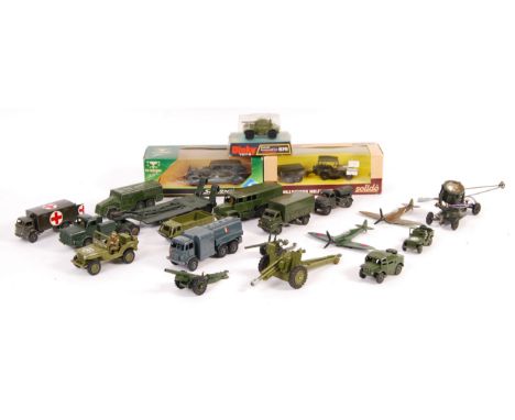 A collection of approx 20 assorted military related diecast models to include boxed Dinky 676 Daimler Armoured Car, 689 Mediu