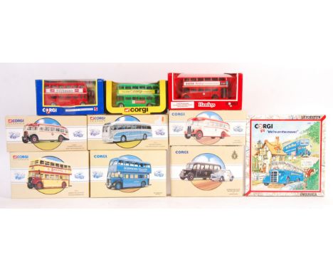 A collection of 10x Corgi Classics made scale diecast model buses to include Wallace Arnold, Sunfresh, Routemaster, Hamleys, 