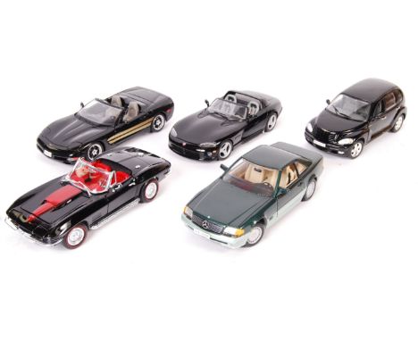 A collection of 5x 1/18 scale diecast models comprising: Gate Chrysler PT Cruiser, Revell Mercedes Benz 500 SL, Ertl Chevrole