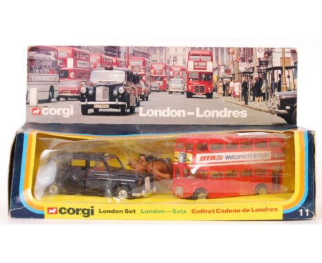 An original vintage Corgi Toys made boxed diecast set No. 11 ‘ London Set ‘. Comprising of Taxi, London Routemaster Bus and M