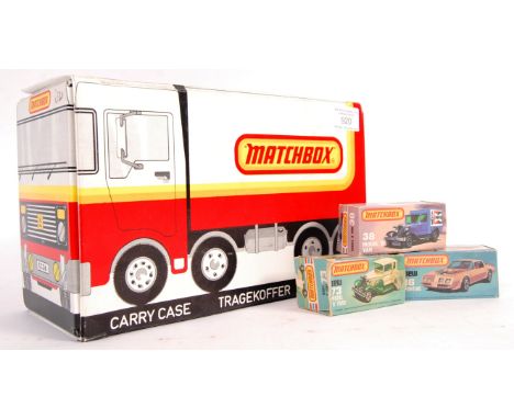 An original vintage 1980's Matchbox scale diecast model vehicle three tier carry case in the form of a truck having 36x loose