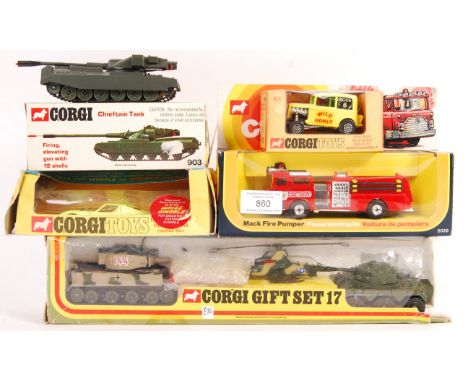 A collection of 5x original vintage Corgi Toys made boxed diecast model comprising: Gift Set 17 Pzkpfw Tiger Mk1 Bell AH-1G A