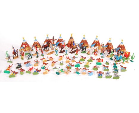 A good large collection of original vintage Britains and Britains Swoppets (some Herald) made plastic model Cowboys and India