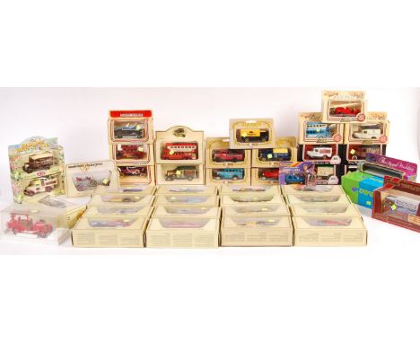 A collection of 40+ assorted scale diecast model vehicles to include; Matchbox models of yesteryear, Lledo Day Gone, Elicor, 